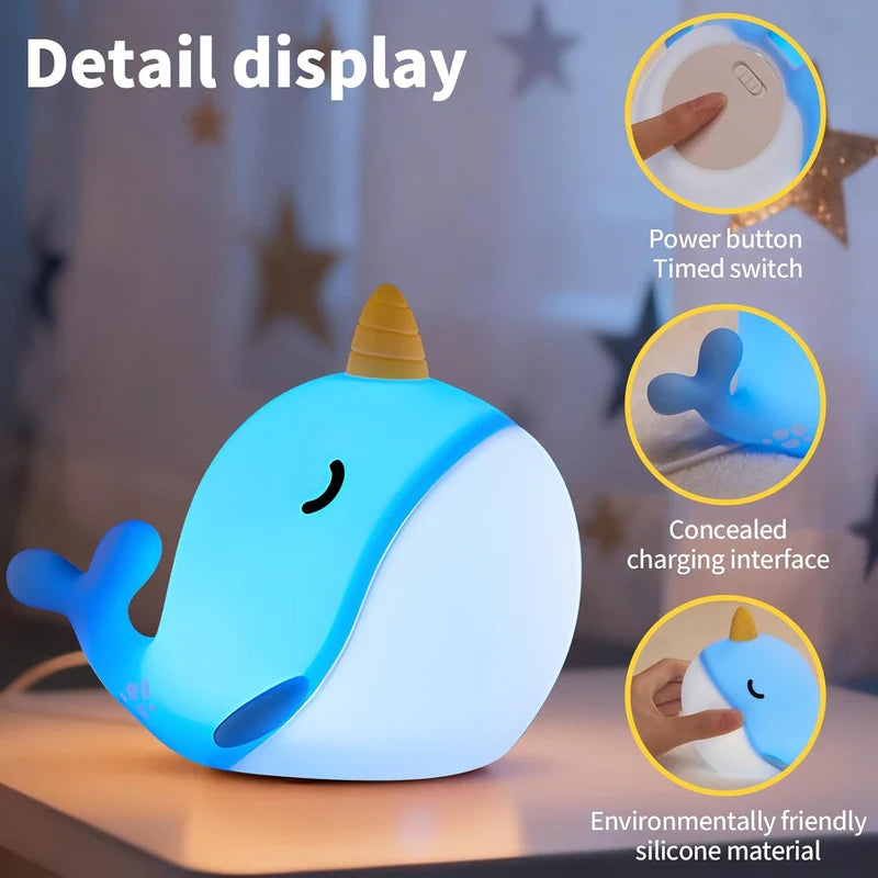 Narwhal Silicone Night Light – Cute LED Night Lamp for Kids’ Bedroom, Nursery & Home Decor